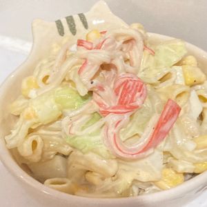 すみれの作ってみた!投稿(かに玉とキャベツのマカロニサラダ【#包丁不要】)