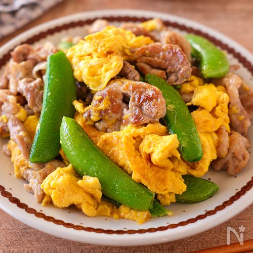 【豚肉とスナップエンドウの卵炒め】しゃきふわ♡春の三色炒め