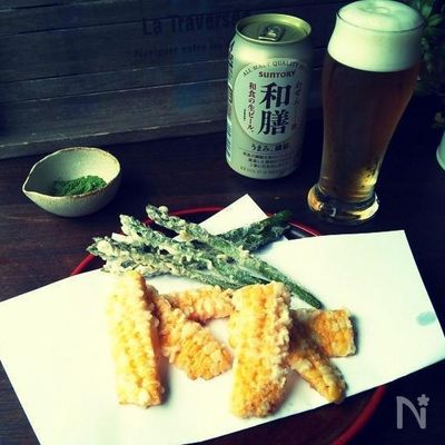 ビールが進むとうもろこしとアスパラの天ぷら♪