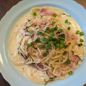 たりおの作ってみた!投稿(簡単激旨ヘルシーランチ♡ベーコンと塩昆布の豆乳パスタ)
