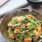 【絹揚げとニラのキムチごま和え】ちぎってレンチンして混ぜる！