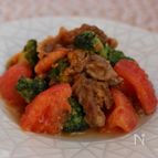 豚肉とブロッコリー、トマトのマヨ味噌炒め
