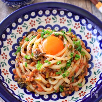 5分でランチ!レンジで仕上げる♩高菜明太納豆うどん