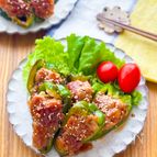 【豚こまピーマンの甘辛肉詰め】