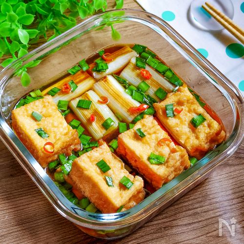 厚揚げと白ネギニラの南蛮漬け