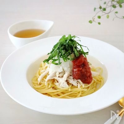 さっぱり♪おいしい♡蒸し鶏&梅しそおろしの冷製パスタ