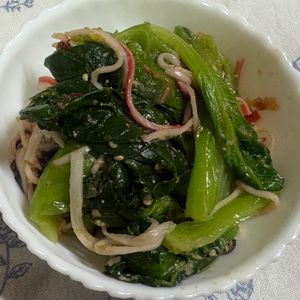 チョビの助の作ってみた!投稿(5分でパパッと「あとひと品」。小松菜とカニカマの梅和え)