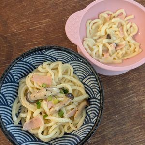 1234028の作ってみた!投稿(おすすめ♡ベーコンとしめじの和風カルボナーラうどん)