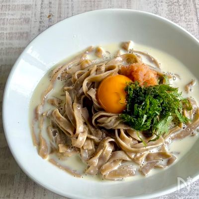 雑穀パスタの豆乳明太カルボナーラ＊たんぱく質多め！