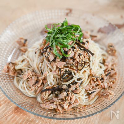 大葉が香る♪つけ汁なしで食べられる！ツナ塩昆布そうめん
