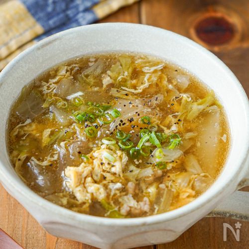 【余りがちなアレを使って♪白菜とひき肉のとろたまスープ】