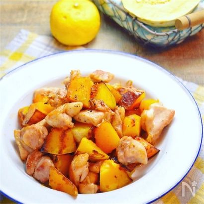 鶏とカボチャのバタポン炒め