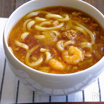ひき肉とむき海老のカレーうどん【ルー不要】