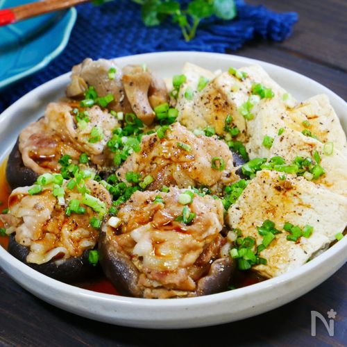【5分】しいたけの豚肉のせ蒸し 豆腐も一緒にバタぽん風味♡