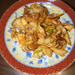たりおの作ってみた!投稿(包丁いらず♪旨味ましまし♪『豚バラと舞茸のキムチーズ焼き』)
