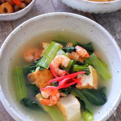 ［海老と厚揚げと小松菜の白だし煮］あっさり煮♩すぐできる！