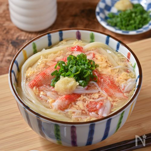 【かにかま玉子のあんかけうどん】汁まで飲み干す旨だしうどん♪