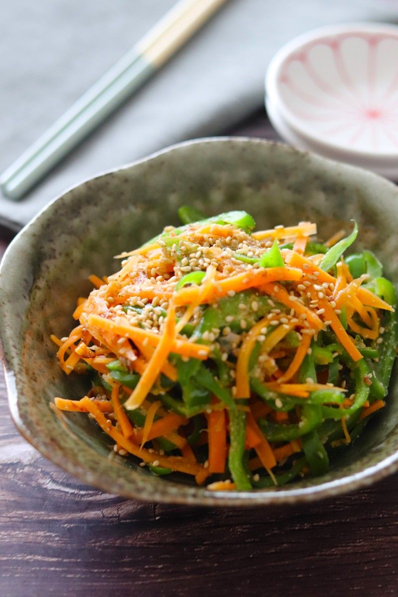 ピーマンとにんじんの旨だしおかか和え】レンチンで簡単！激旨