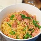 【ベーコンとピーマンのおつまみパスタ】にんにく香る和風味♪