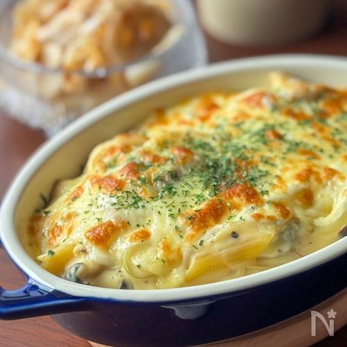 パスタの別茹でなし✨チキンとキノコの豆乳グラタン🫕