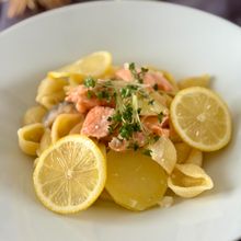 鮭のクリームチーズ煮のオレキエッテ（ペンネ）
