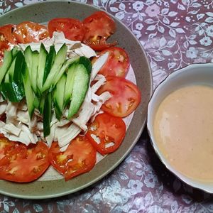 パーフェクトセルの作ってみた!投稿(【我が家自慢のしっとり蒸し鶏♡】夏野菜たっぷり胡麻みそ棒棒鶏)