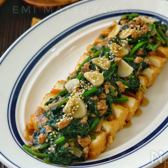 ＊絹厚揚げのスタミナほうれん草とひき肉あんかけ＊調味料３つ