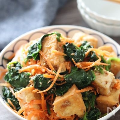 【ちぎり絹揚げとほうれん草のごま和え】レンチンのみで激旨！！