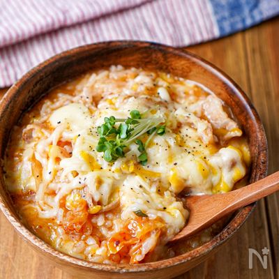 【レンジで簡単！豚キムチーズクッパ】ランチ/夜食/簡単レシピ