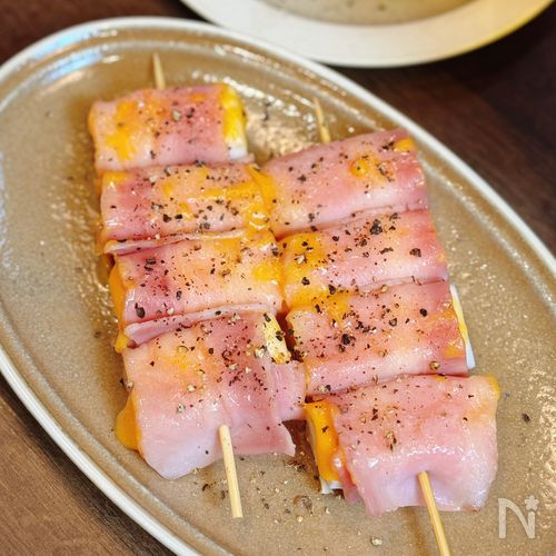 【はんぺんチーズのベーコン巻き串焼き】ふわふわ食感♡