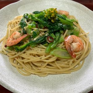 りんごの作ってみた!投稿(菜の花と海老のペペロンチーノ風)