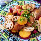 【タレでご飯おかわり！】さつま芋とれんこんと豚肉の甘味噌炒め