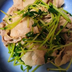 優月の作ってみた!投稿(豆苗と豚しゃぶのオリーブじょうゆ和え)