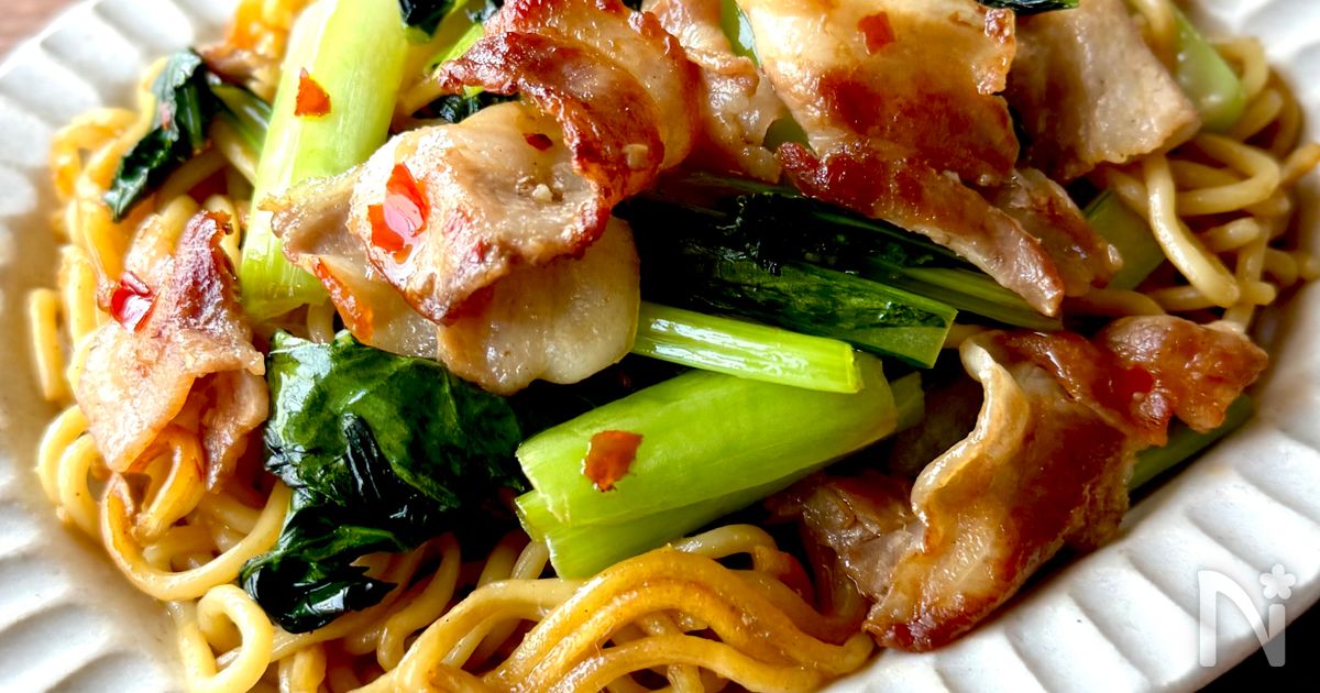 ワンパン10分！もっちもち香ばし♪【ピリ辛豚バラ焼きそば】