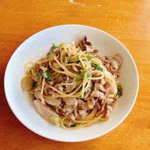 haru_2020の作ってみた!投稿(青い部分をおいしく消費！豚肉と長ネギのパスタ)