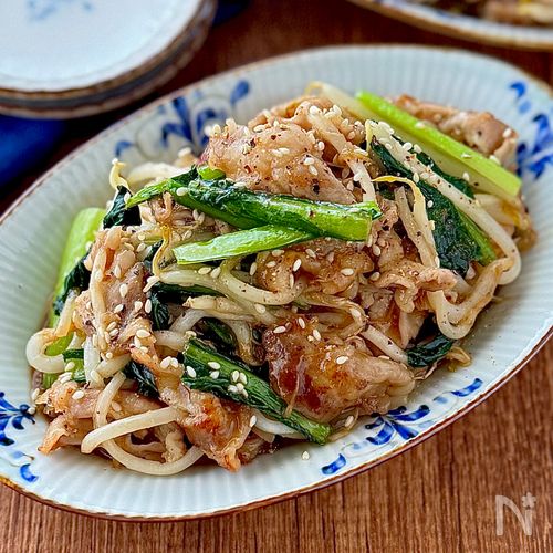 豚こま肉と小松菜のにんにく醤油炒め