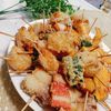 AKARI☆の作ってみた!投稿(色々串カツ【鶏肉玉ねぎ・えび・椎茸・オクラ・蓮根・トマト】)
