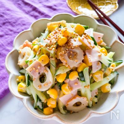 火を使わない5分副菜
きゅうりハムコーンのマヨ胡麻ドレ