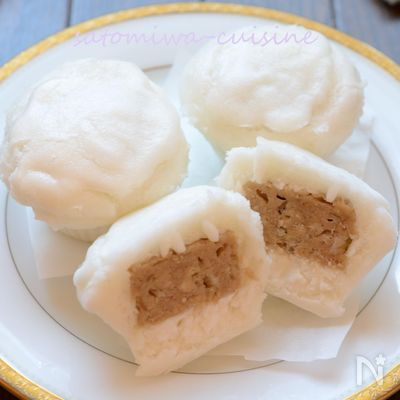 手抜きおやつ【米粉のしゅうまい蒸し饅】豚まん風で美味しい~