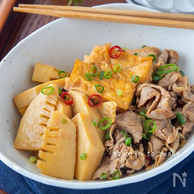 たけのこと厚揚げ、豚肉のピリ辛煮