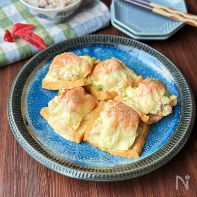 【鶏むね肉の明太チーズ厚揚げピザ】節約/おやつにも