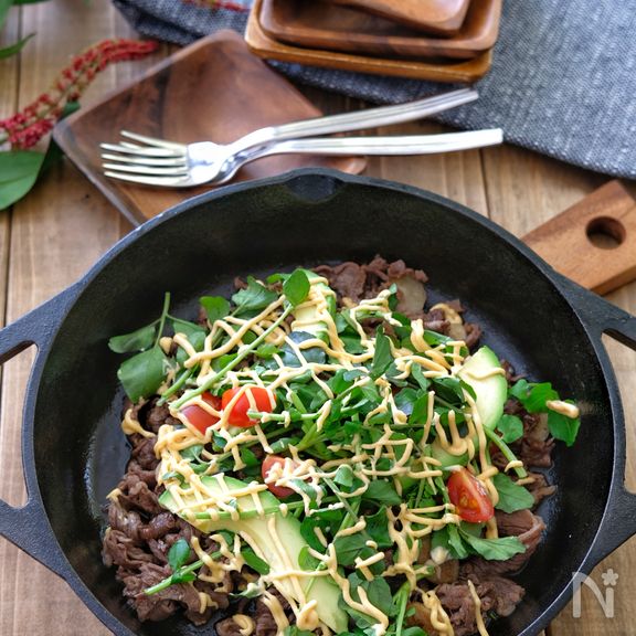 ＊牛肉のガーリックバルサミコ炒めのサラダ仕立て＊めんたいマヨ