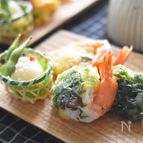 【お弁当・おつまみにも】背開きえびの梅しそ天ぷら。