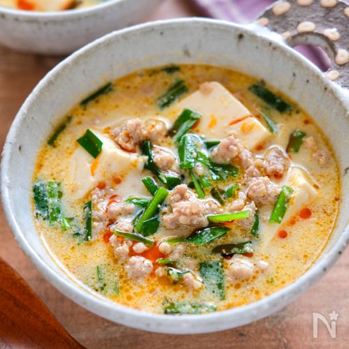 【豆腐とニラの担々豆乳スープ】食べ応え◎簡単おかずスープ♪