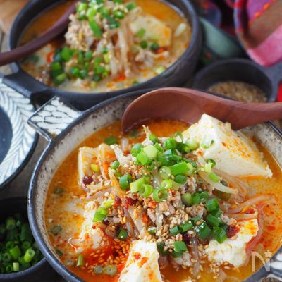 【材料3つ豆腐たっぷり豆乳担々担々スープ】包丁不要!簡単‼️