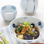 ナスの揚げ浸し、食べるラー油入り