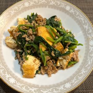 みーの作ってみた!投稿(ほうれん草と厚揚げの《そぼろ♡中華炒め》)