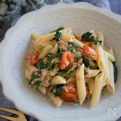 免疫UP！カラダ整えレシピ♪モロヘイヤとトマトとツナのパスタ