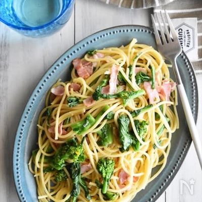 【菜の花とベーコンの柚子胡椒和風パスタ】あとひく美味しさ!
