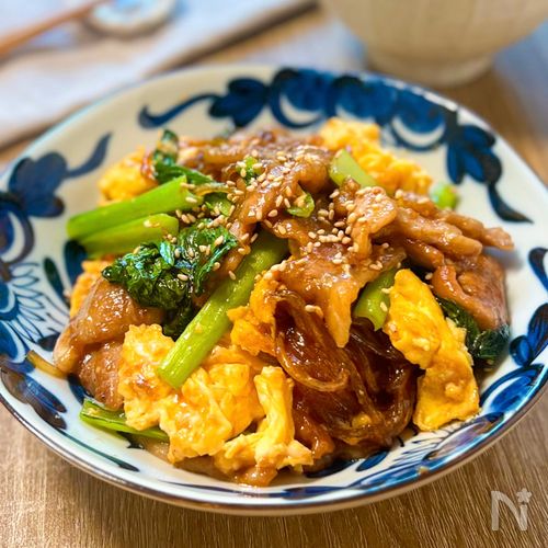 一品で大満足おかず♪【豚肉と小松菜のふわたま春雨炒め】